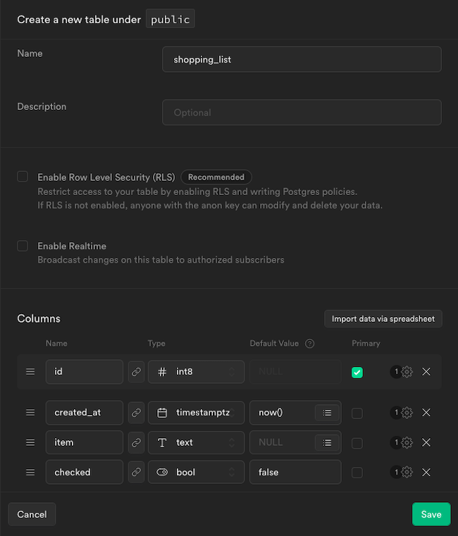 The Supabase form for creating a new table The Supabase form for creating a new table