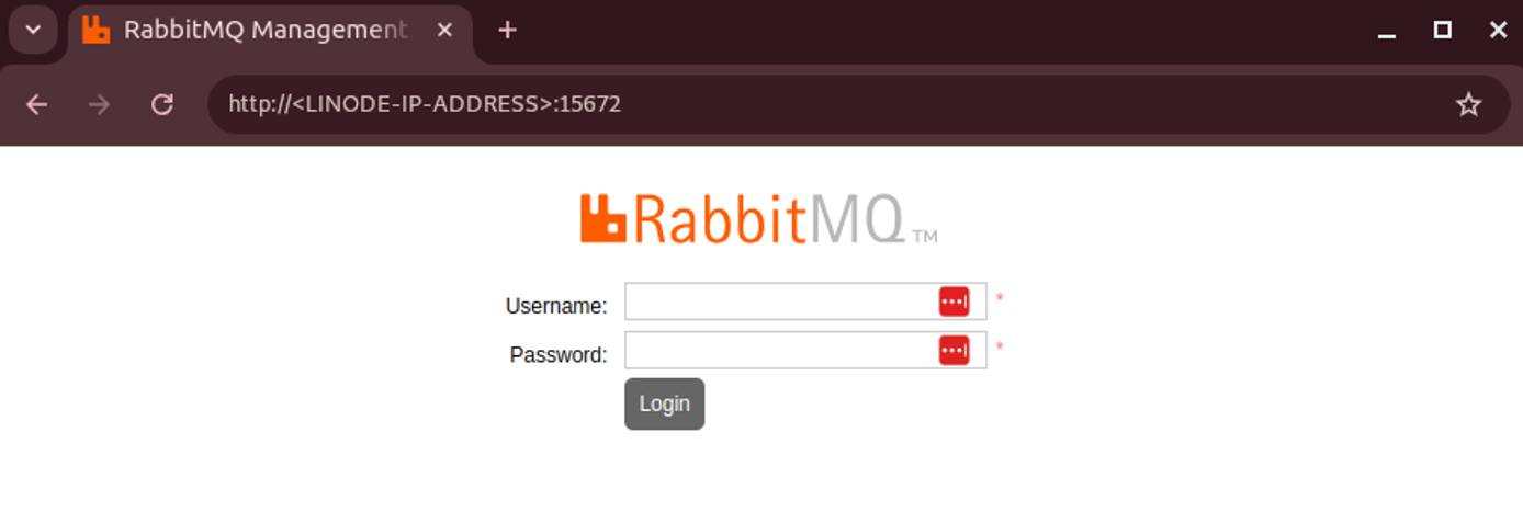 Web browser accessing RabbitMQ management interface via port 15672 on a Linode Compute Instance.
