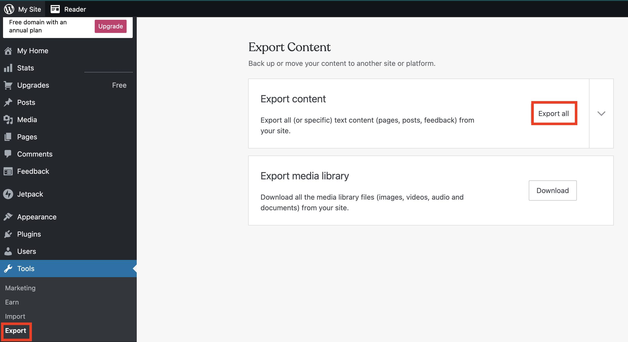 Choose the Export option from the Settings page. WordPress.com Settings Page