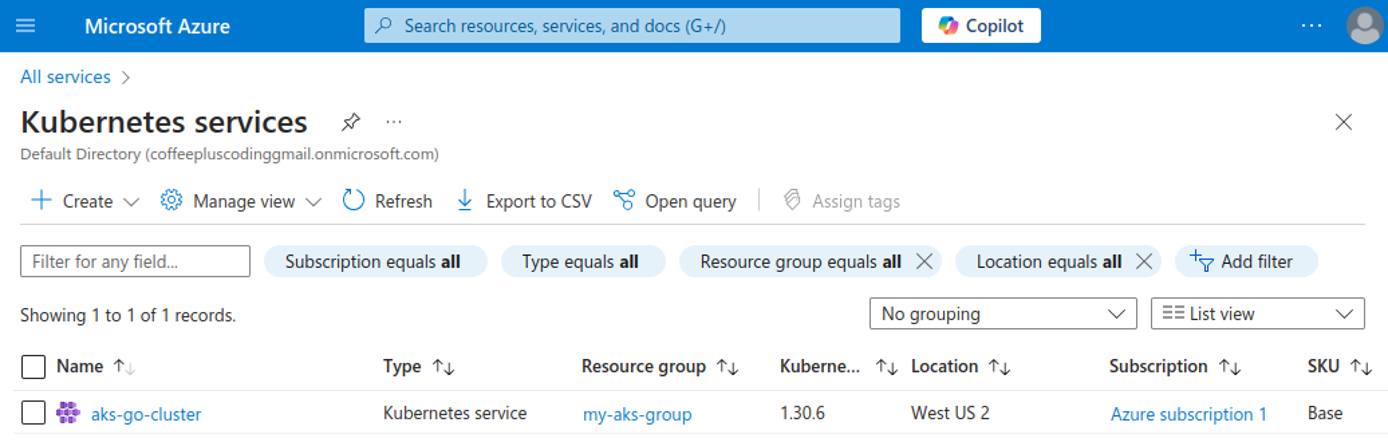 Azure portal showing AKS cluster name ‘aks-go-cluster’ and resource group ‘my-aks-group’. Azure portal showing AKS cluster name ‘aks-go-cluster’ and resource group ‘my-aks-group’.