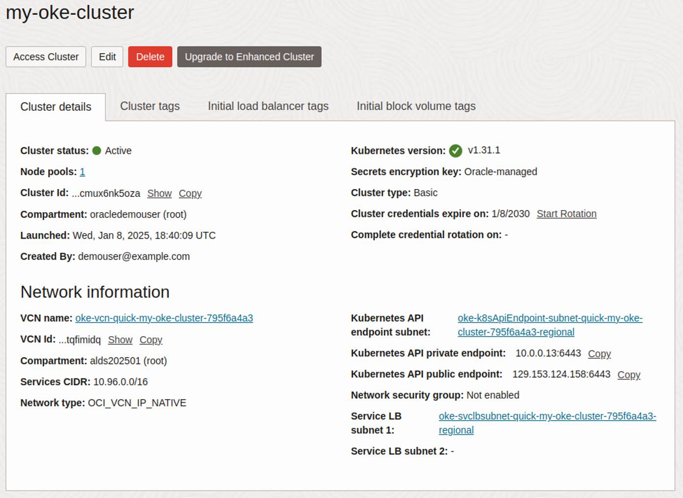 Oracle Cloud console showing detailed overview of an OKE cluster.