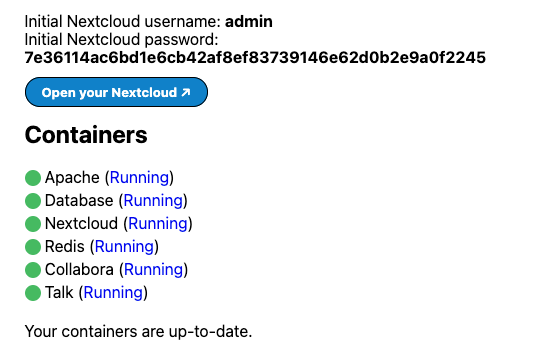 Screenshot of the Nextcloud admin credentials Screenshot of the Nextcloud admin credentials