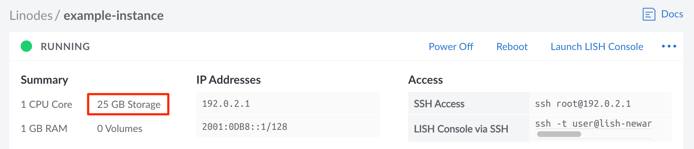 Screenshot of a Compute Instance’s total storage