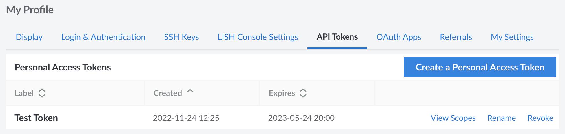 Screenshot of personal access tokens in Cloud Manager Screenshot of personal access tokens in Cloud Manager